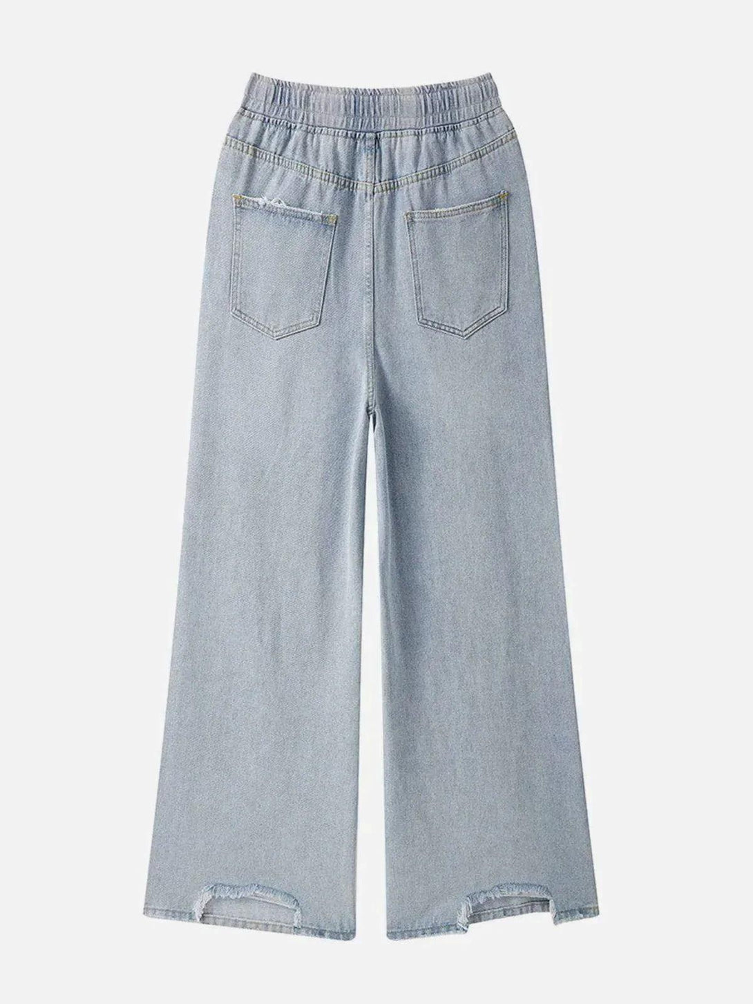 Back view of light blue ripped denim wide-leg pants by TALISHKO, highlighting casual flair.