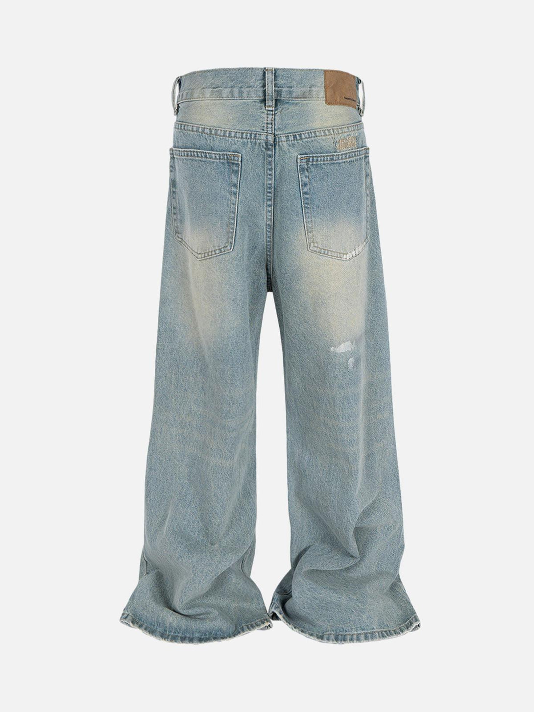 Back view of blue distressed baggy flare jeans by TALISHKO, highlighting casual style.