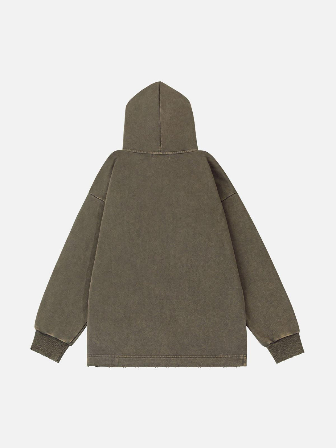 Back view of olive zip-up hoodie with drawstrings, crafted by TALISHKO for a relaxed fit.