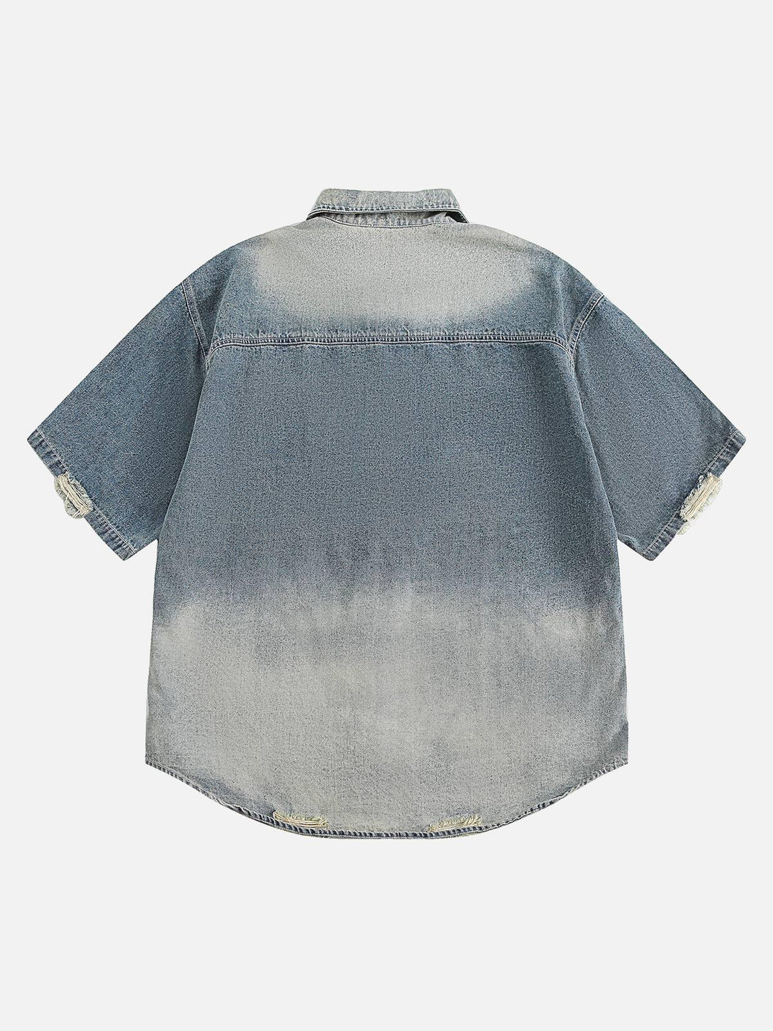 Back view of TALISHKO's denim shirt, showcasing ripped detailing and a faded wash.