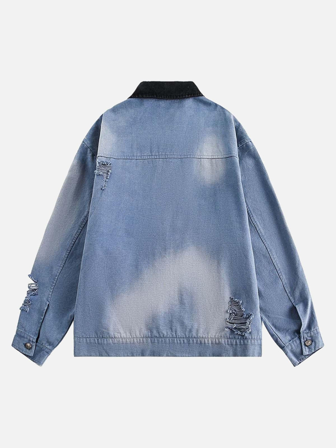 Back view of a distressed blue denim jacket with rips and black collar by TALISHKO.
