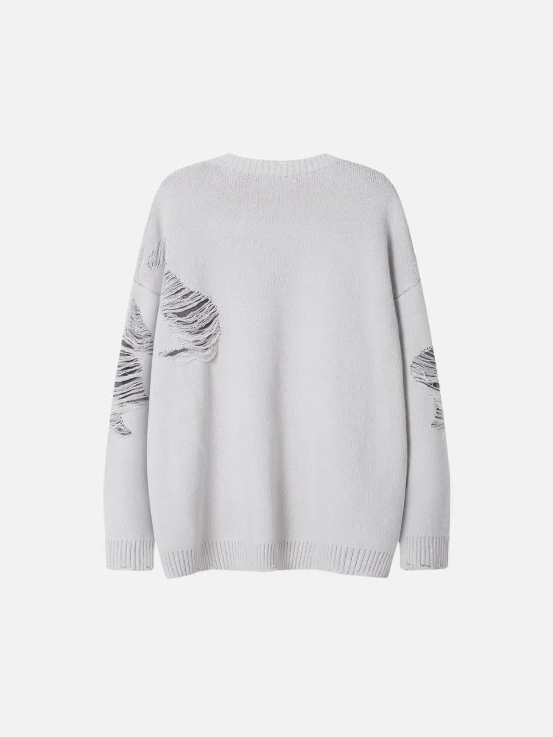 Back view of a gray ripped knit sweater by TALISHKO, showcasing its distinct distressed texture.
