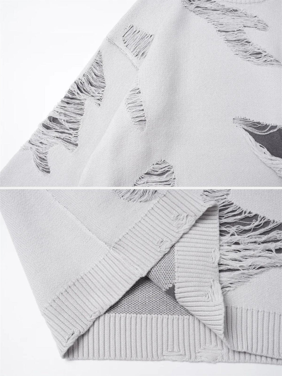 Detailed texture of a gray ripped knit sweater by TALISHKO, highlighting its distressed style.