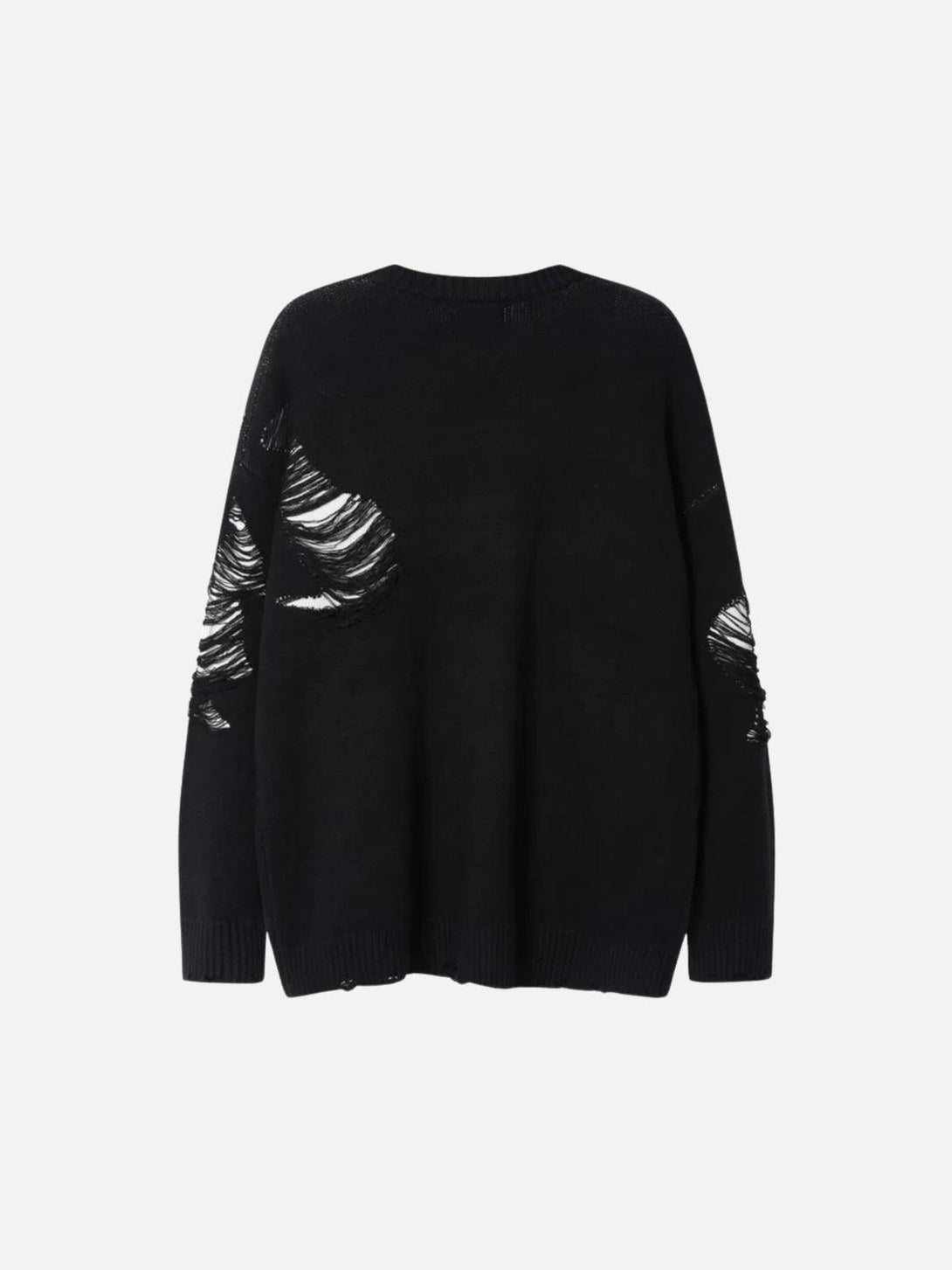 Back view of a black ripped knit sweater by TALISHKO, highlighting its unique distressed style.