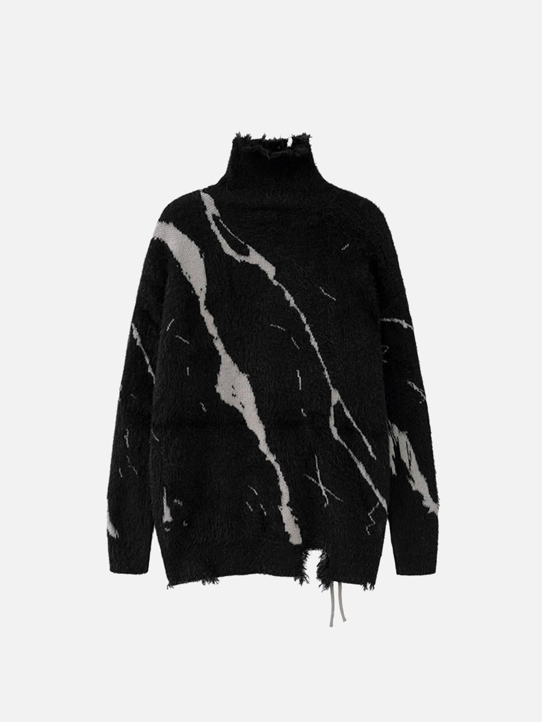 TALISHKO's black knit turtleneck sweater features a unique ripped design and cozy fit.
