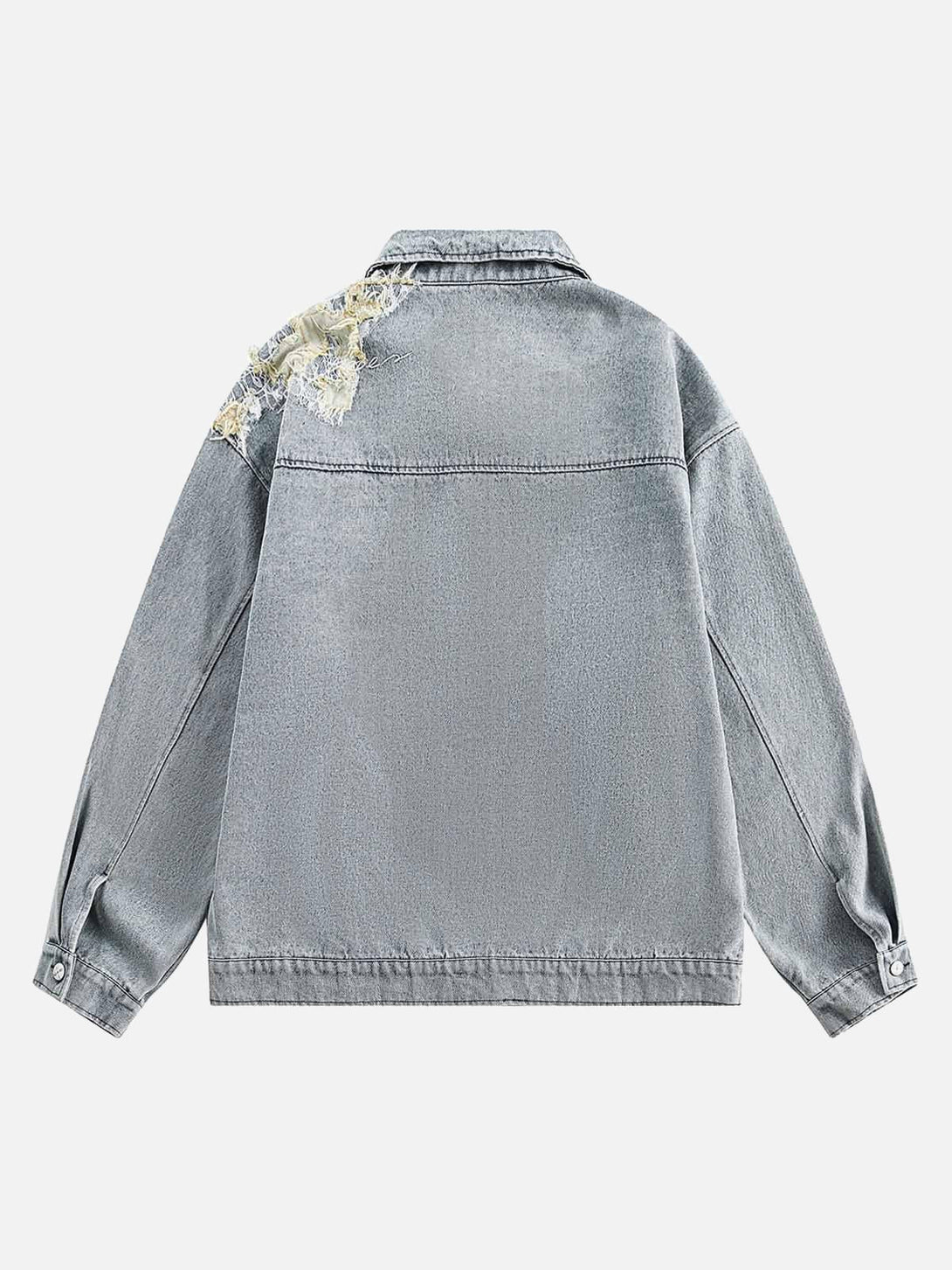Back view of a ripped lace panel denim jacket from TALISHKO, showcasing unique detailing.