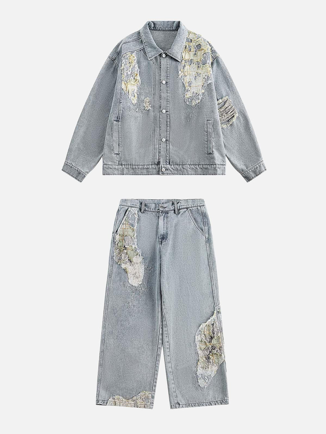TALISHKO denim jacket and pants set with ripped lace panels, showcasing a stylish, distressed look.