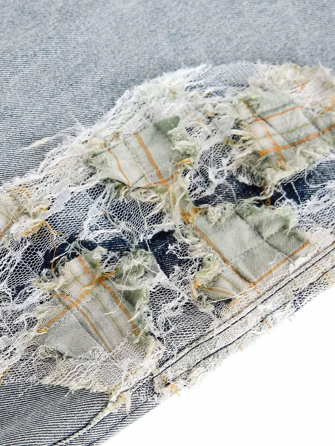 Zoomed-in texture of TALISHKO's ripped lace panel denim, showcasing intricate fabric details.