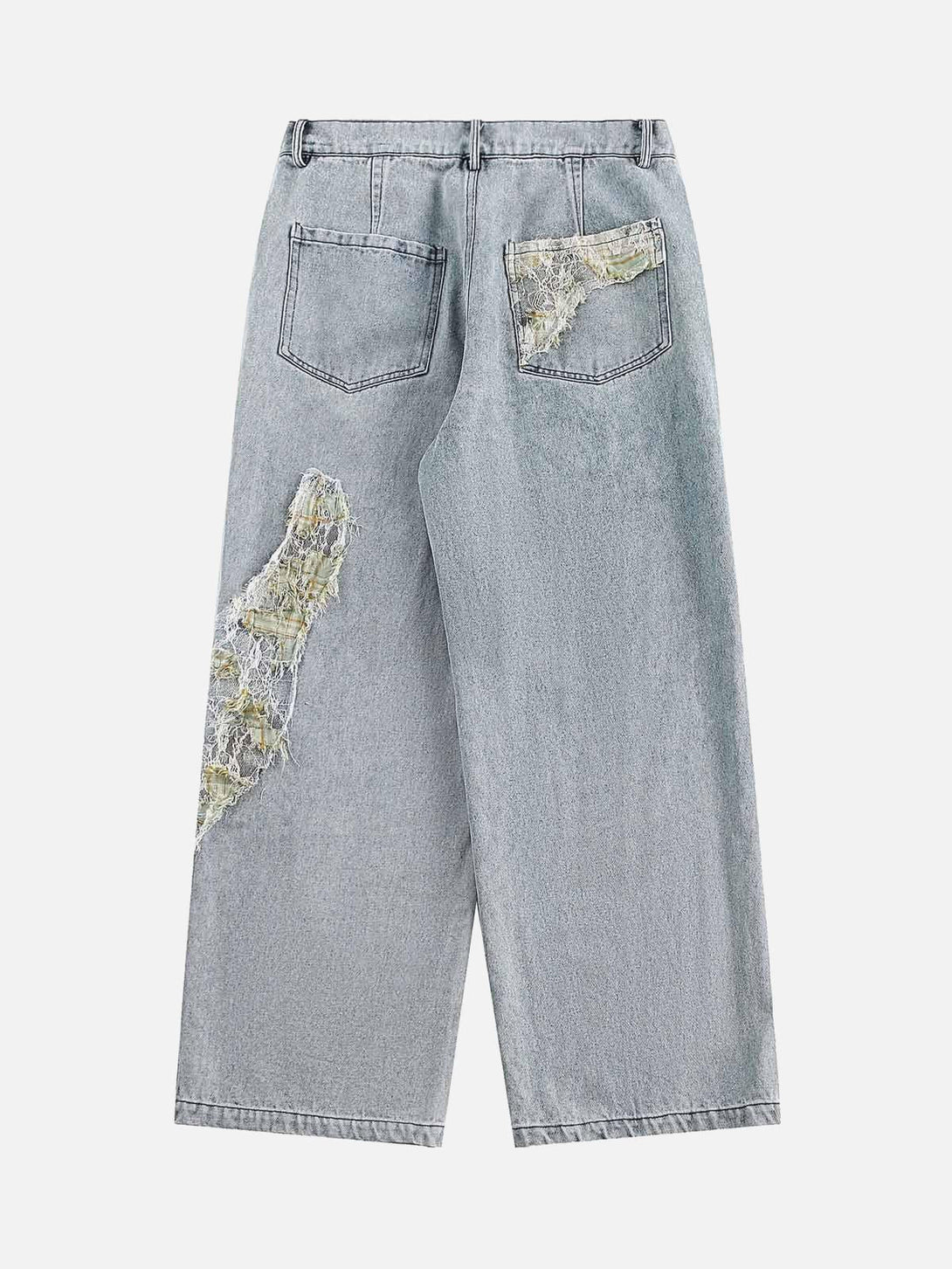 Back view of TALISHKO's ripped lace panel denim pants, highlighting unique distressed details.
