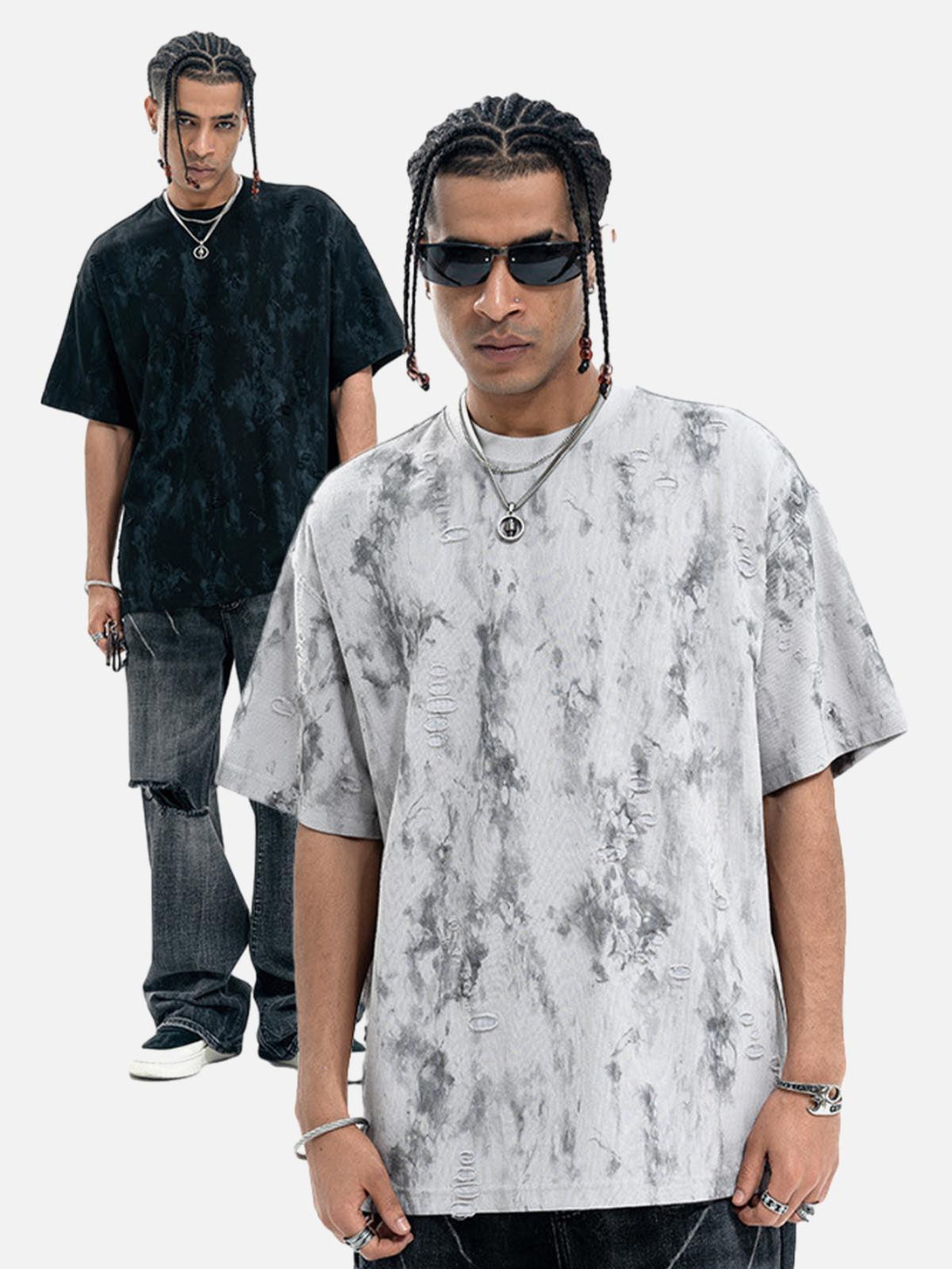 Model wearing TALISHKO ripped tie-dye T-shirts in gray and black, styled with edgy accessories.