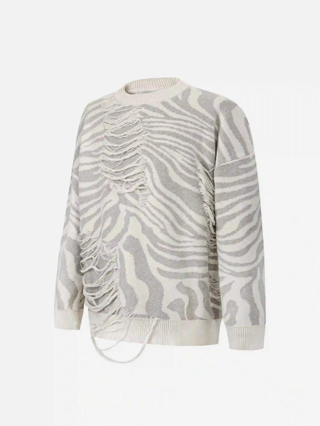 TALISHKO zebra-pattern sweater with ripped details, showcasing a unique, edgy design.