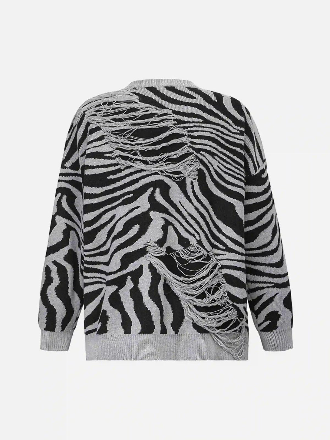 Back view of a zebra-pattern sweater with ripped details, designed by TALISHKO for a bold look.