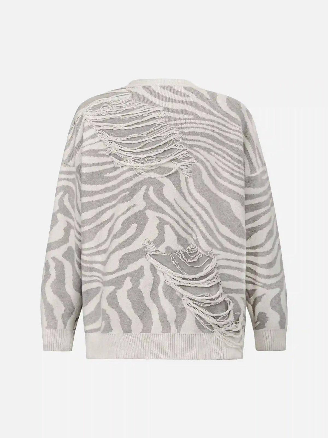 Back view of a TALISHKO zebra-pattern sweater featuring ripped details for a unique style.