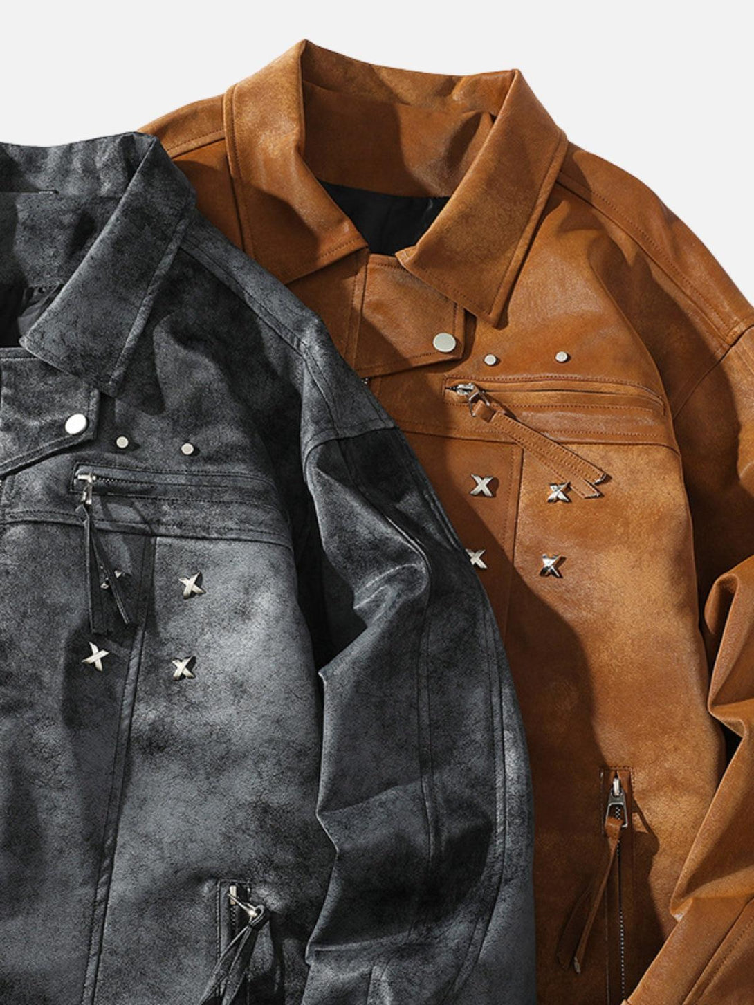 TALISHKO faux leather jackets in washed black and brown, featuring rivet details and zippers.