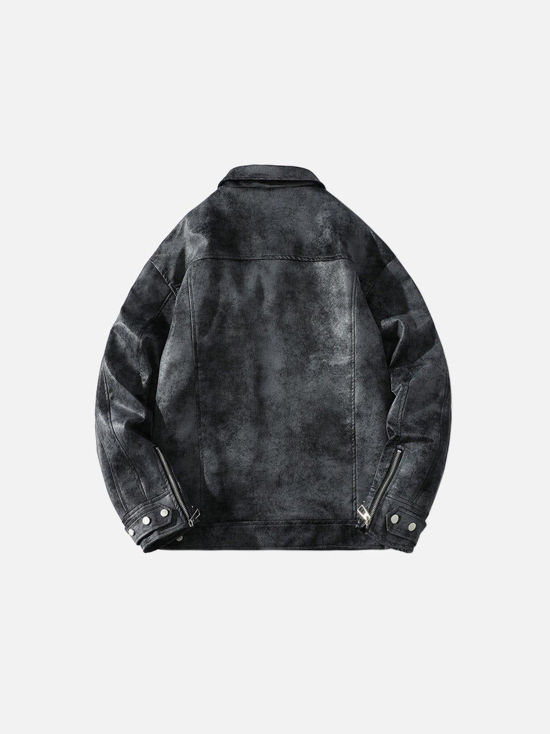 Back view of a washed faux leather jacket by TALISHKO, featuring rivet and zipper details.