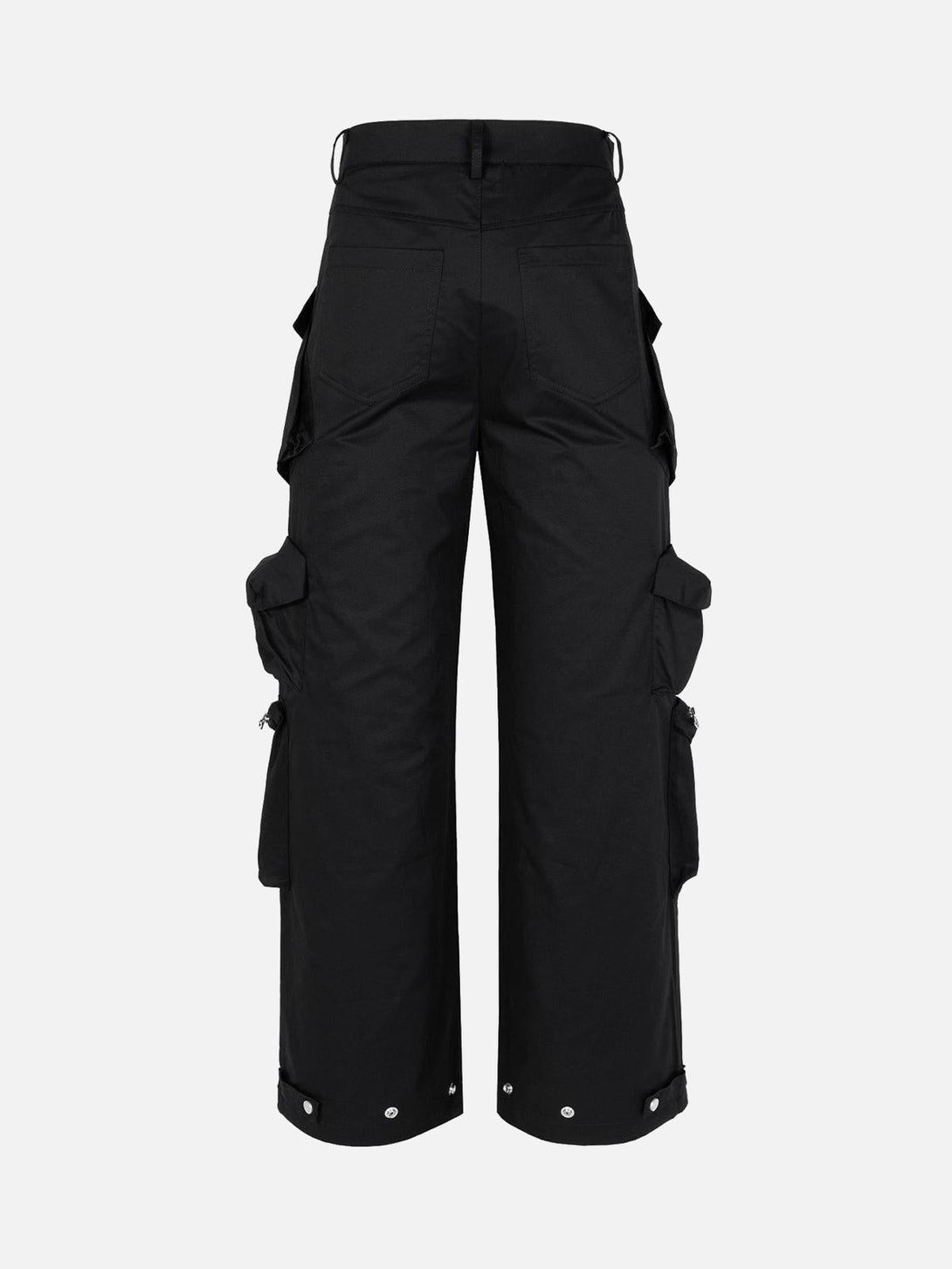 Back view of black cargo pants featuring multiple pockets by TALISHKO, ideal for urban wear.
