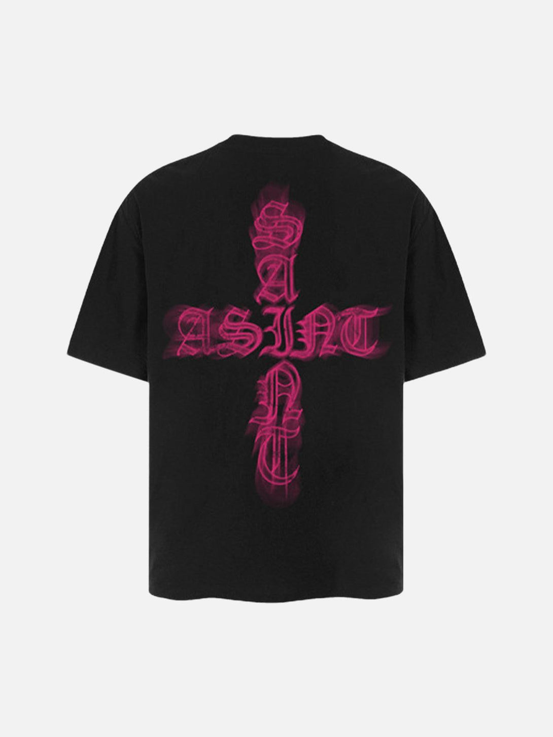 Back view of TALISHKO graphic T-shirt with pink "SAINT" design, perfect for casual style.