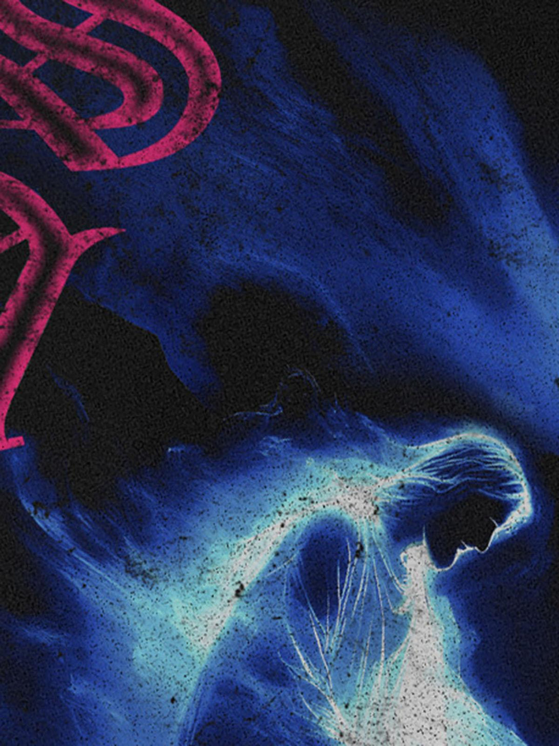 A vibrant blue design on TALISHKO "SAINT" graphic T-shirt, capturing an ethereal silhouette.