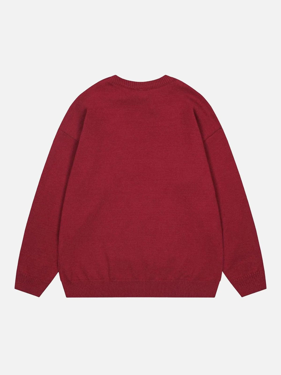Back view of a red Santa crewneck sweater by TALISHKO, showcasing a cozy and festive style.