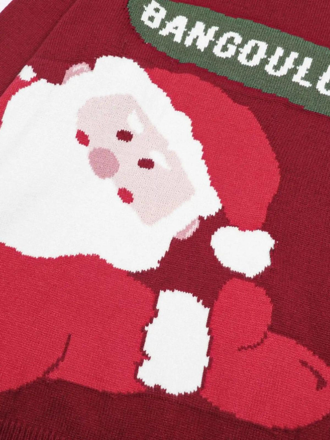 Playful Santa design on a red crewneck sweater by TALISHKO, showcasing festive details.