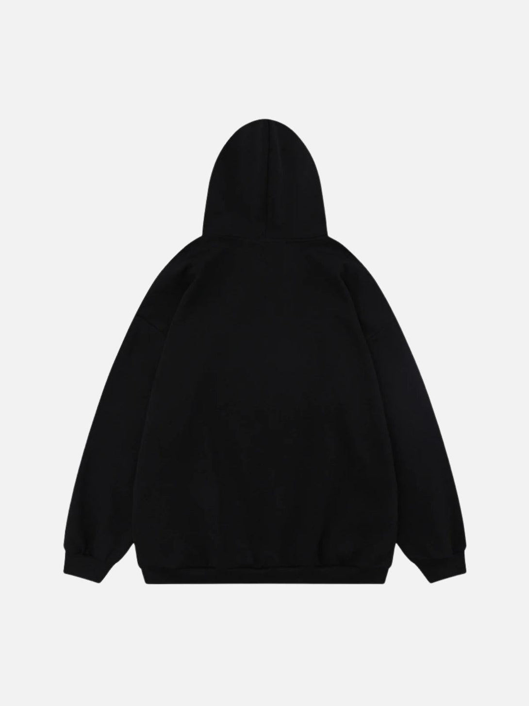Back view of a black hoodie by TALISHKO, showcasing a minimalist design ideal for layering.