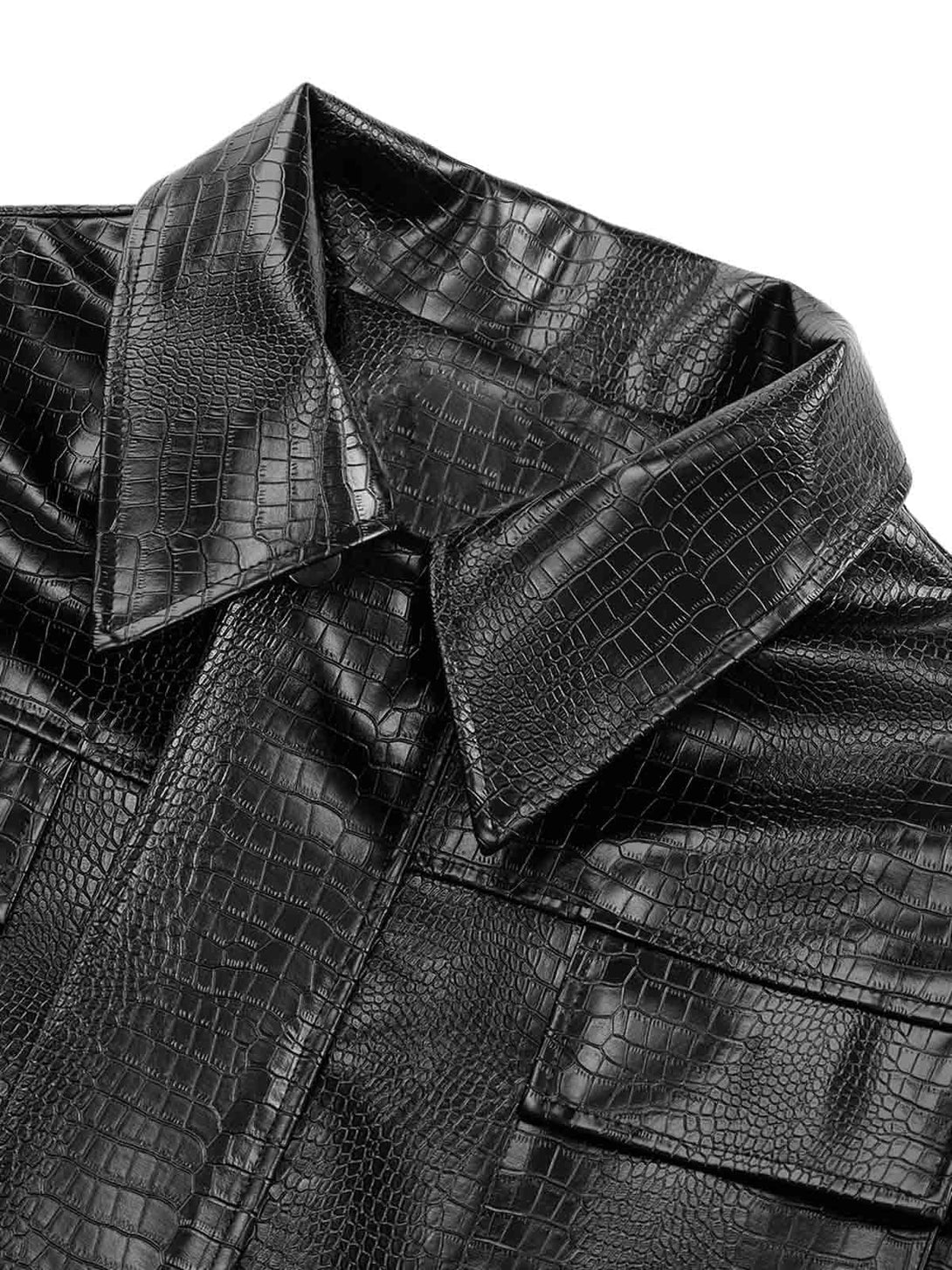 A detailed view of TALISHKO's shoulder pad PU leather jacket, highlighting its textured pattern.
