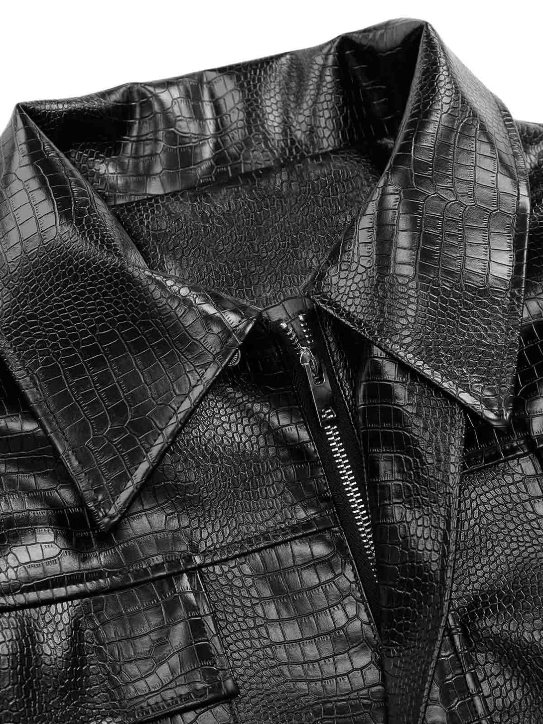 A tight crop highlighting TALISHKO's shoulder pad PU leather jacket's intricate textured design.