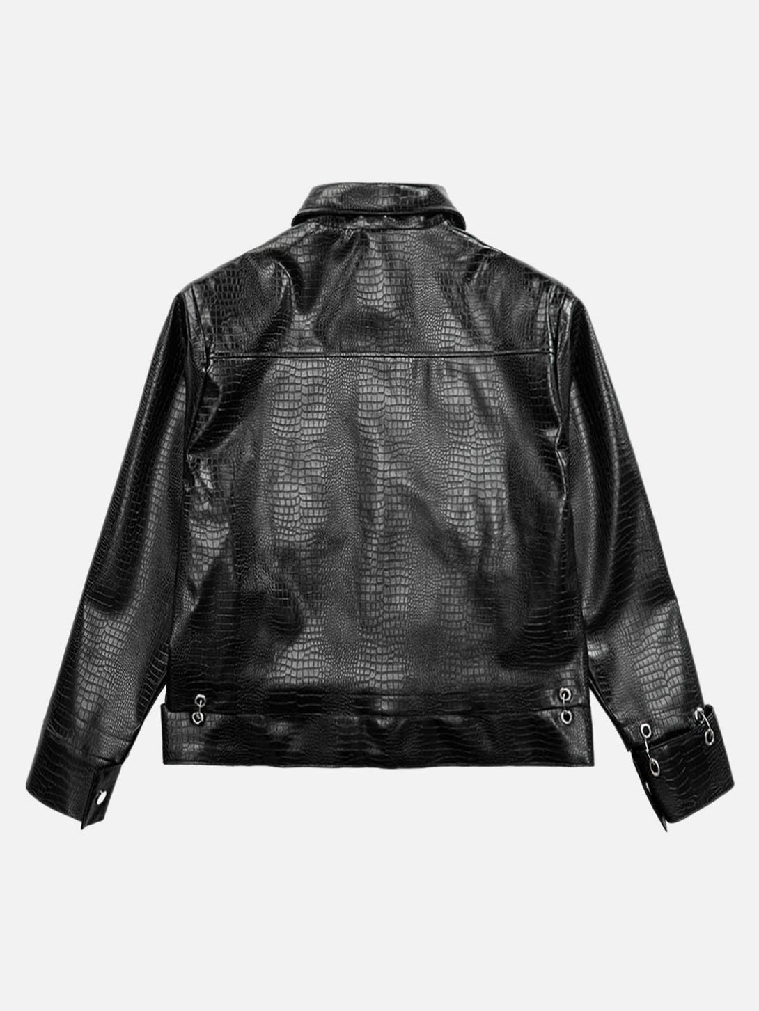 Back view of TALISHKO's shoulder pad PU leather jacket, highlighting its sleek texture.