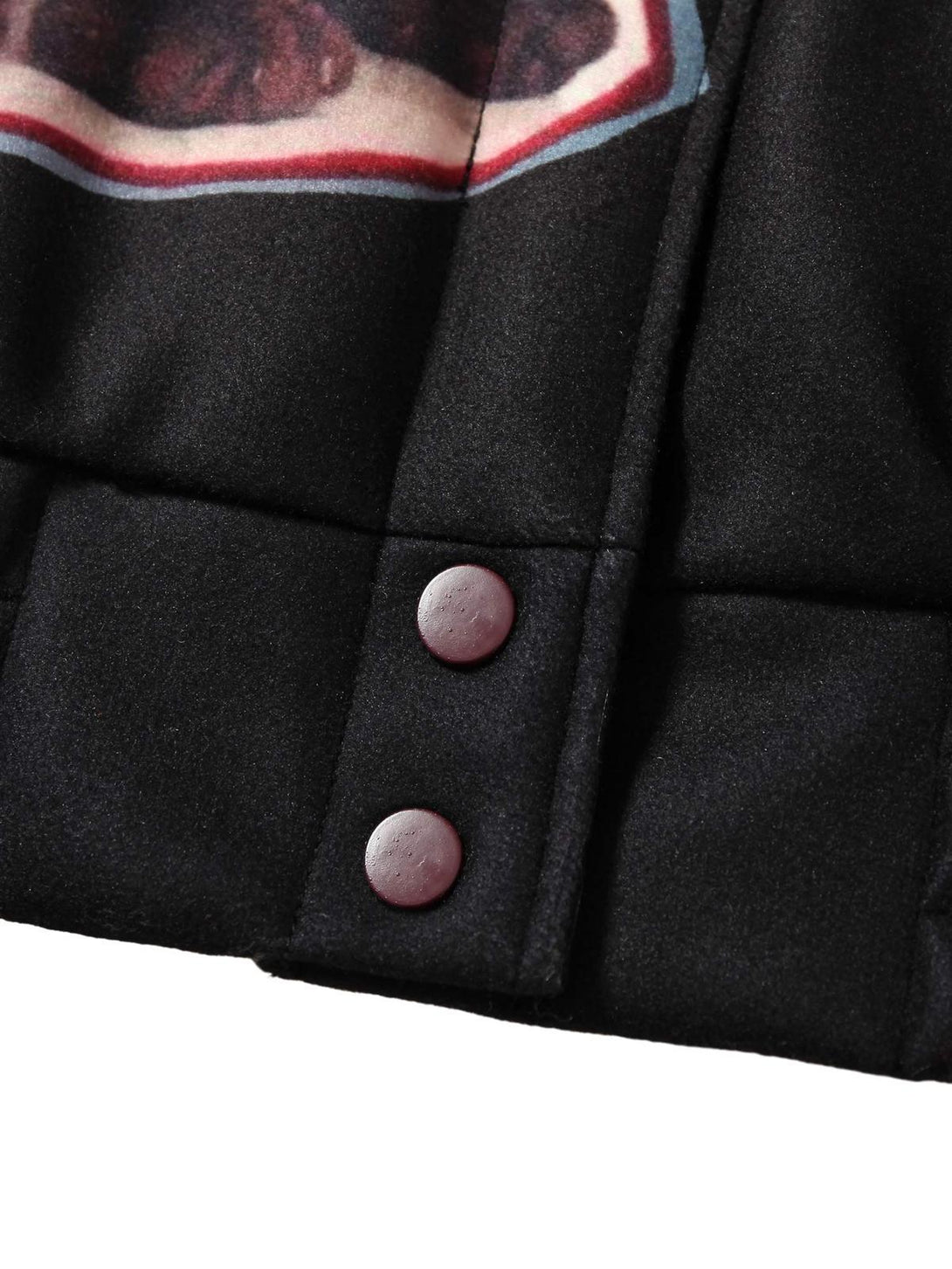 Detailed fabric and button design on TALISHKO bomber jacket, showcasing quality craftsmanship.