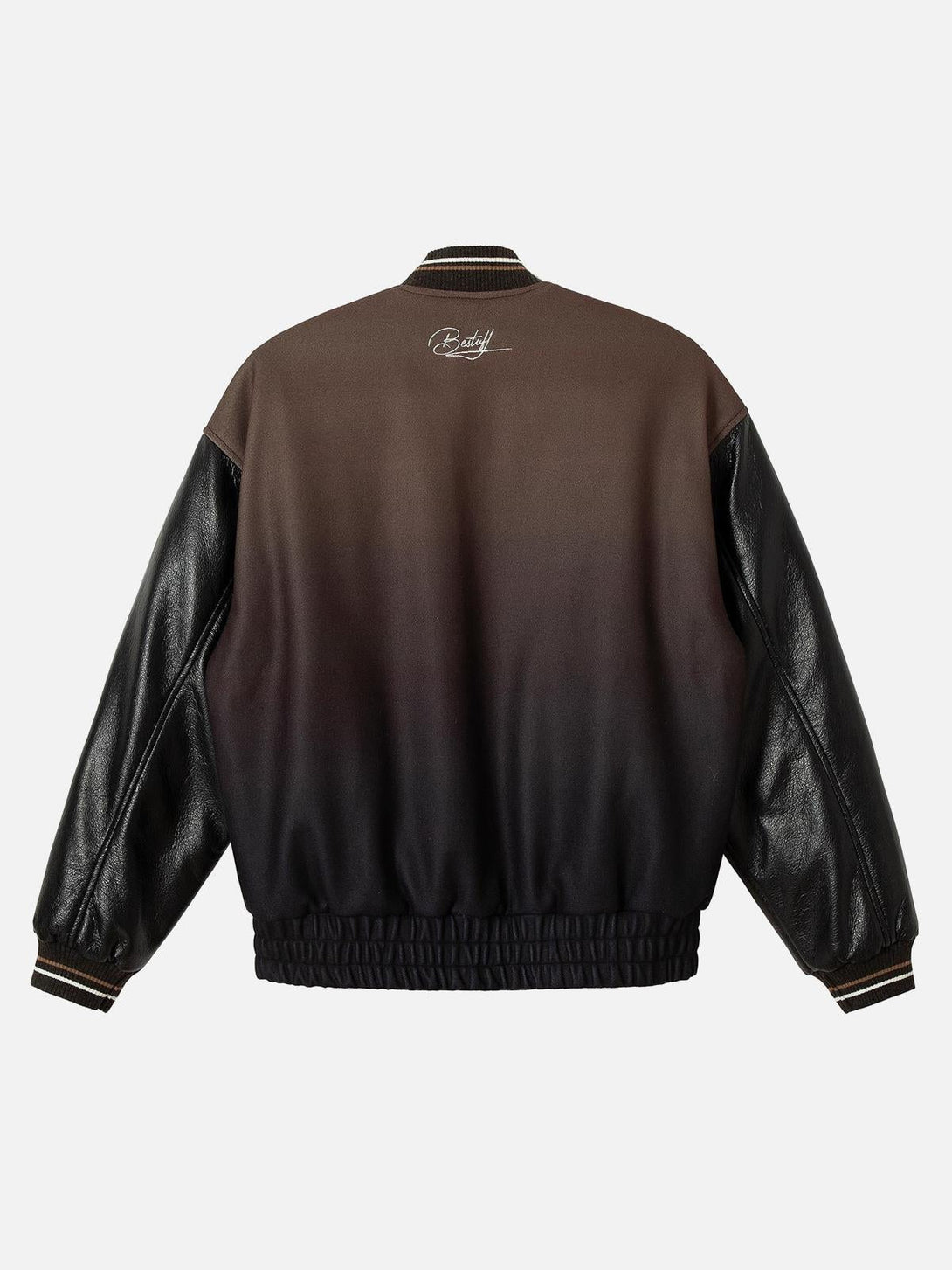 Back view of a TALISHKO bomber jacket with leather sleeves and a gradient color design.