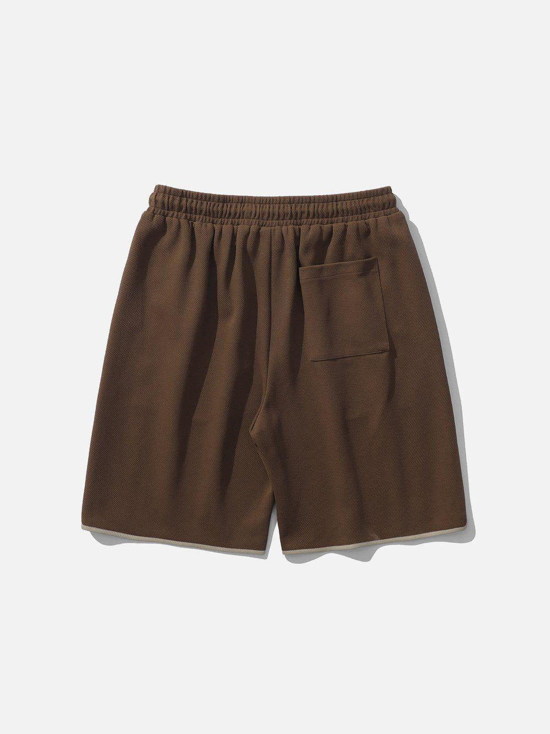 Back view of brown TALISHKO side stripe shorts, featuring a comfortable elastic waistband.
