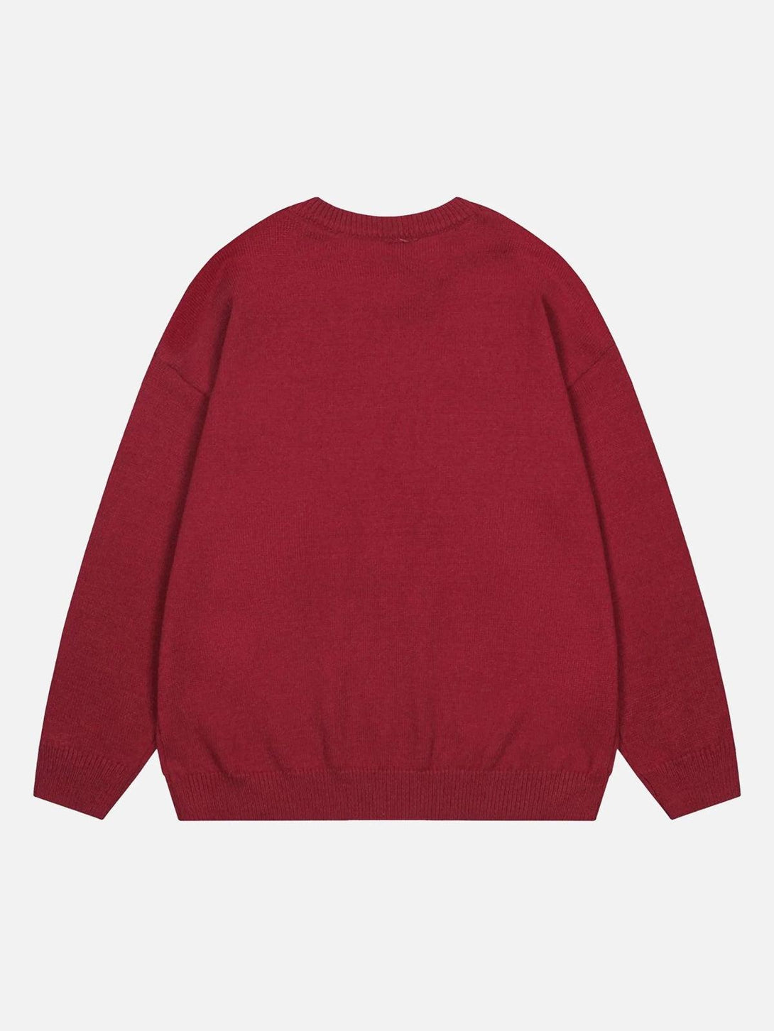 Back view of a red crew neck sweater by TALISHKO, showcasing its classic, cozy design.