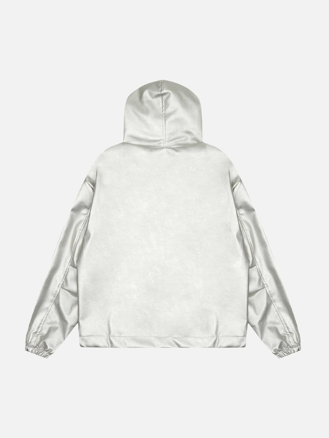 Back view of a silver leather motorcycle hooded jacket by TALISHKO, showcasing sleek design.