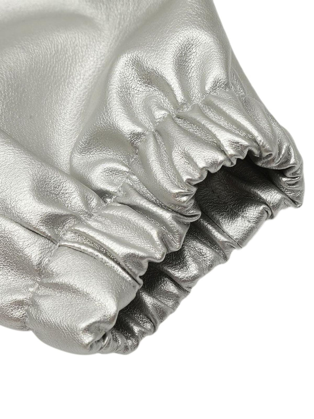 A detailed view of the silver leather sleeve on the motorcycle hooded jacket by TALISHKO.