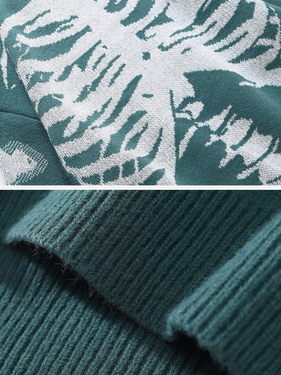 Intricate look at TALISHKO's skeleton pattern knit sweater, highlighting texture and detail.