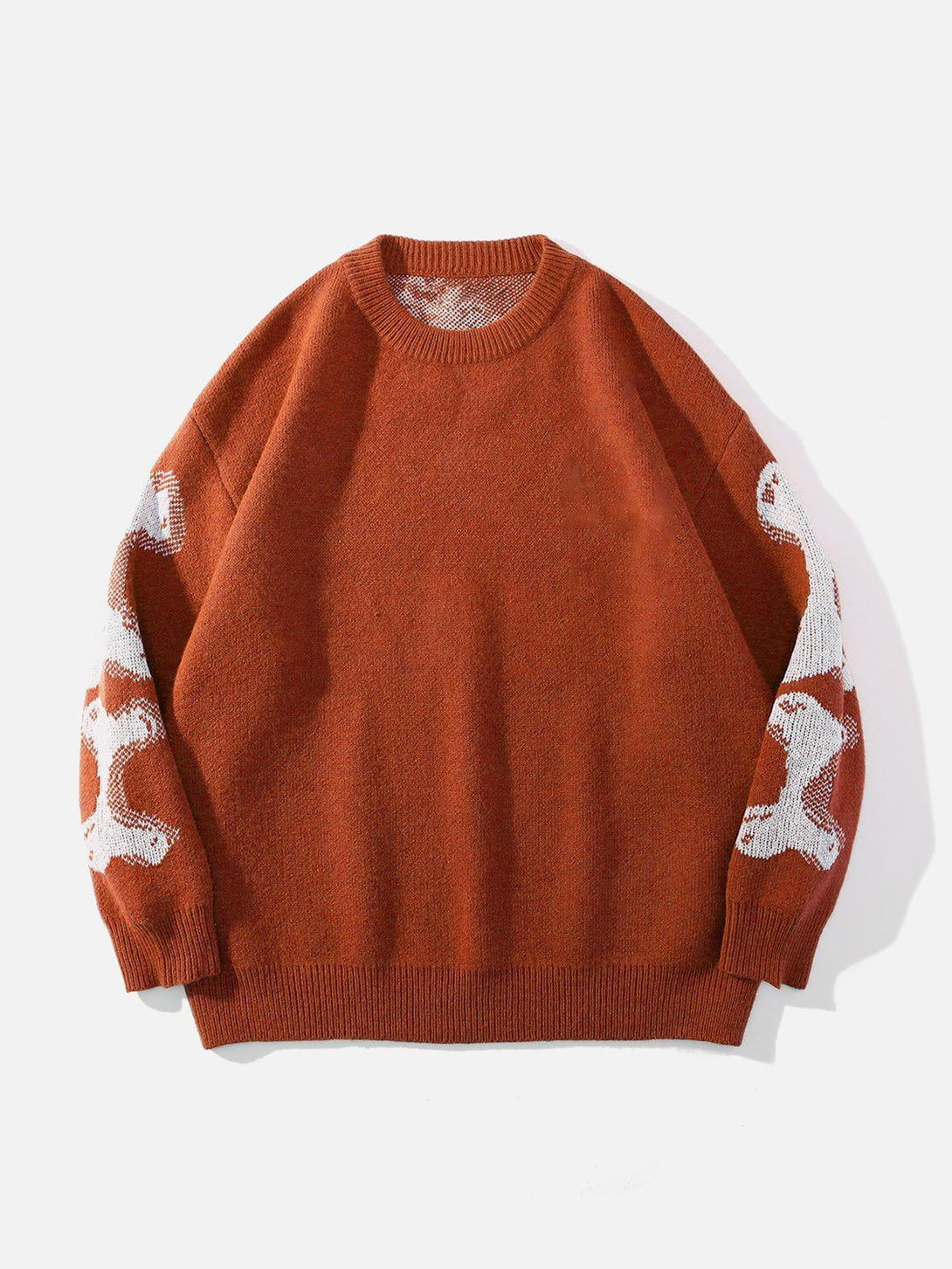 Front view of TALISHKO's orange knit sweater featuring a striking skeleton pattern on the sleeves.