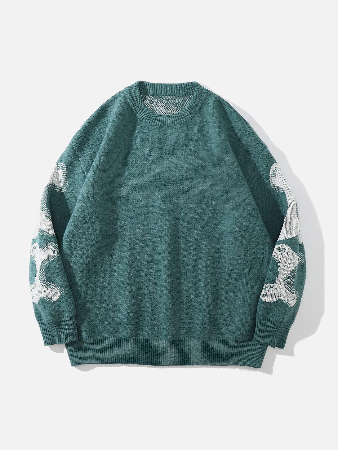 TALISHKO's teal knit sweater features a striking skeleton pattern on the sleeves.