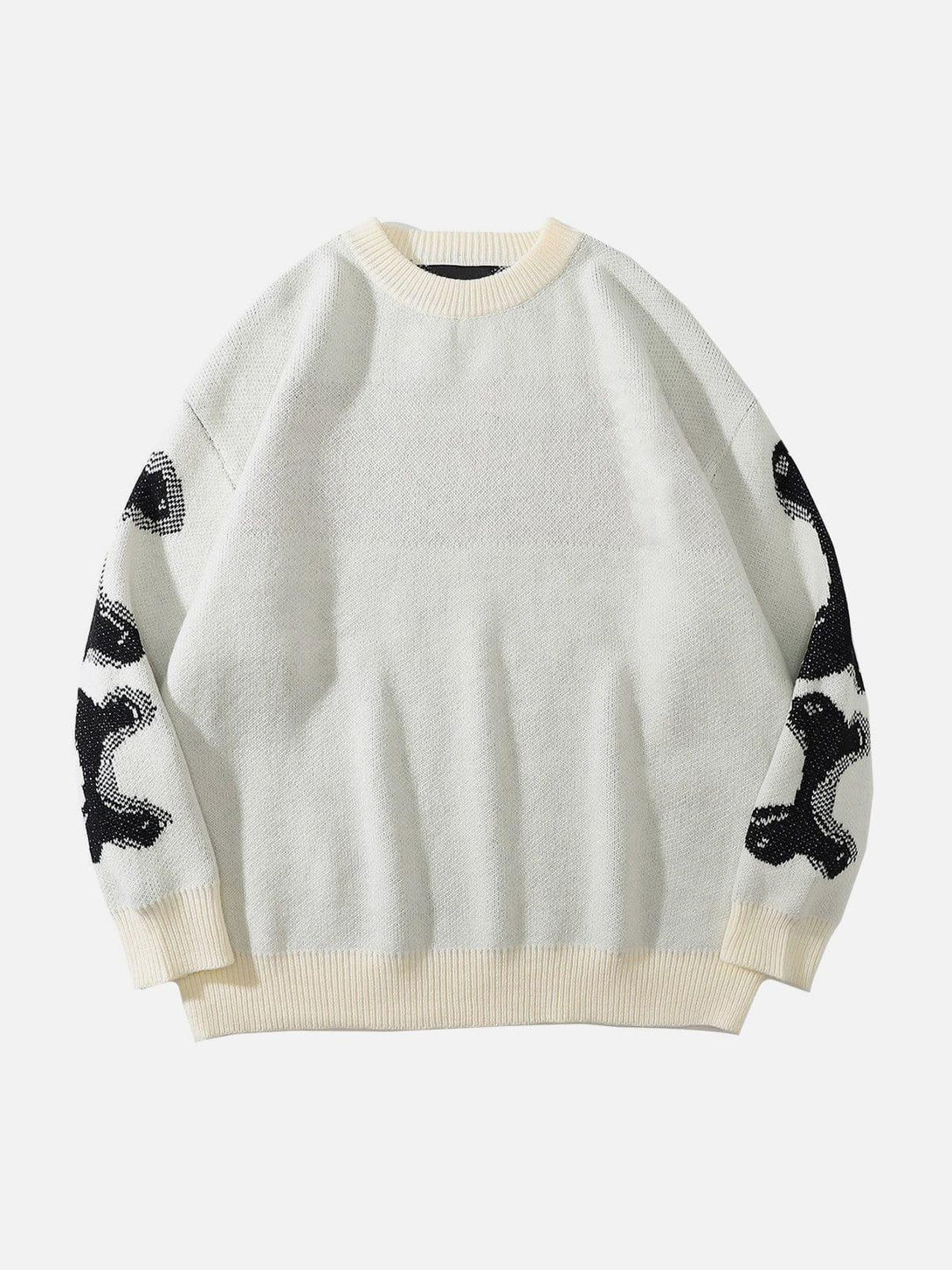 Front view of TALISHKO's white knit sweater with a bold skeleton pattern on the sleeves.