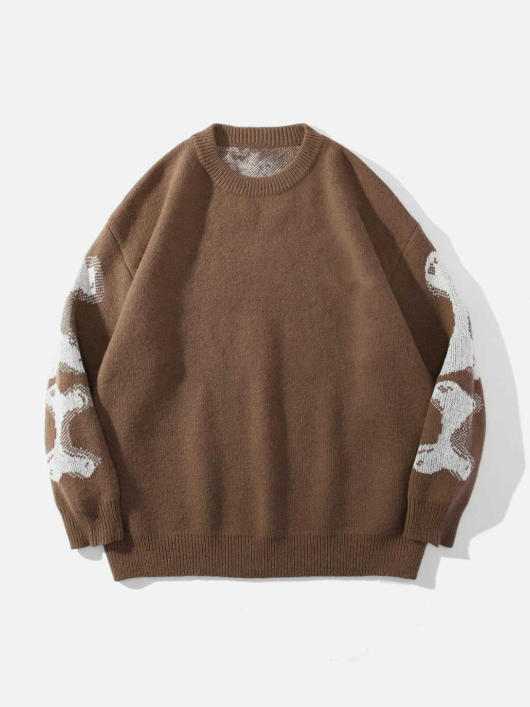 TALISHKO's brown knit sweater with a skeleton pattern on the sleeves, perfect for unique style.