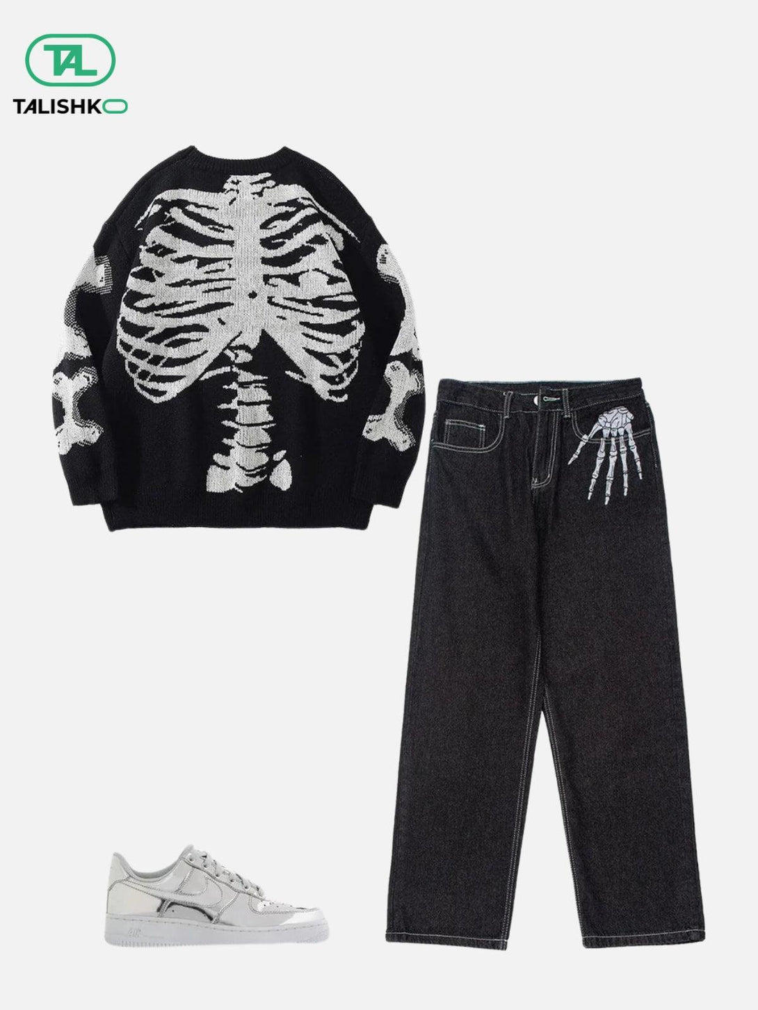 TALISHKO's bold skeleton pattern knit sweater paired with jeans and sleek sneakers.