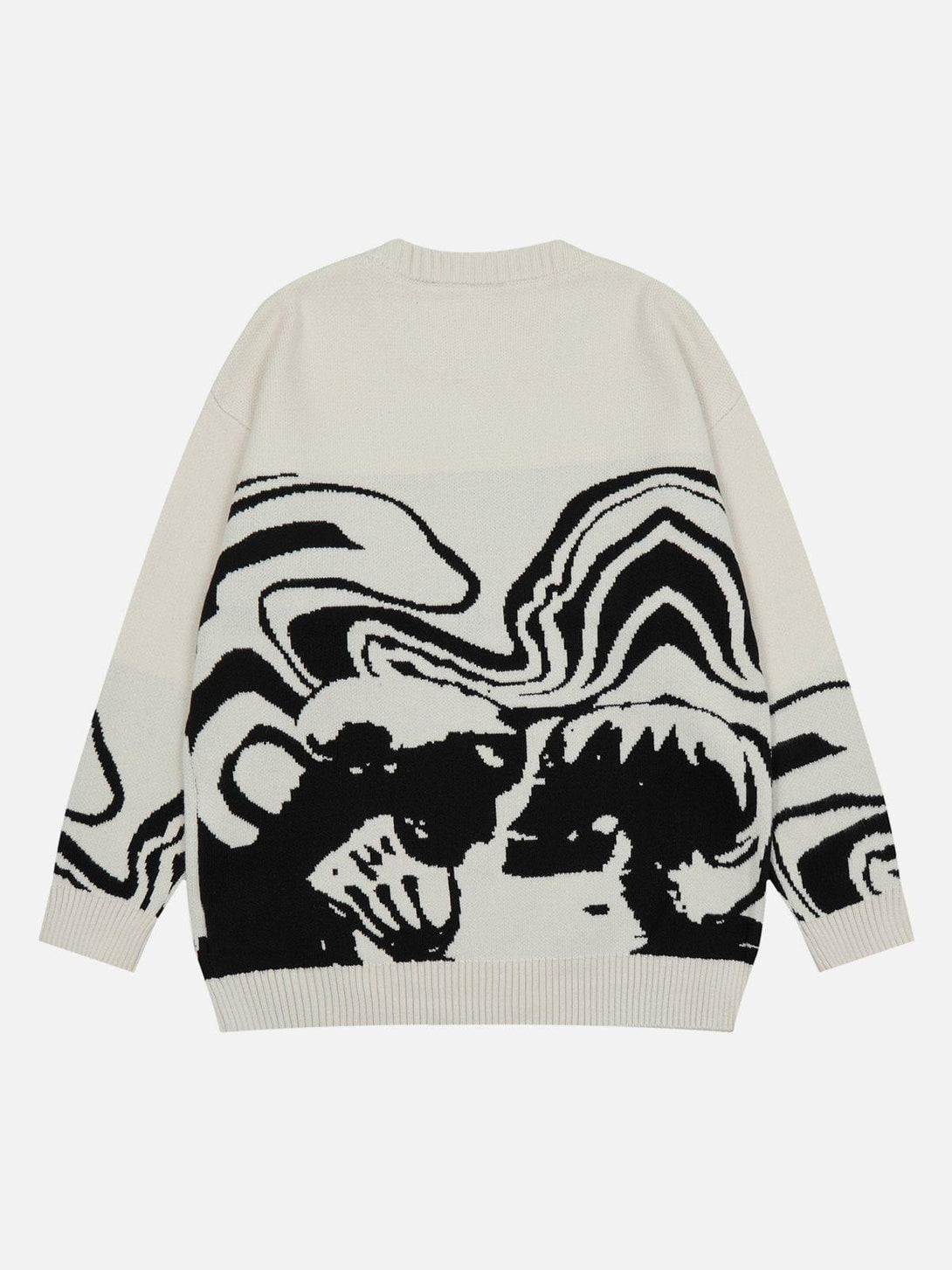 Back view of the TALISHKO sweater, featuring an abstract black and white design pattern.