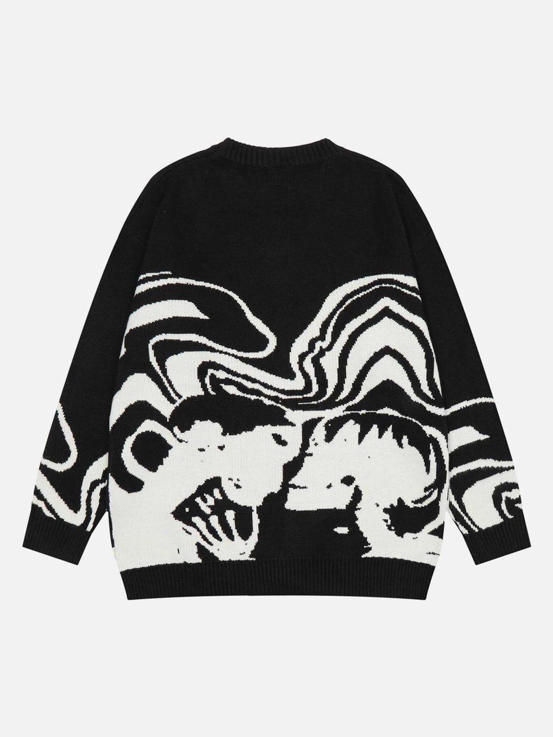 Back view of TALISHKO sweater showcasing an abstract black and white pattern design.