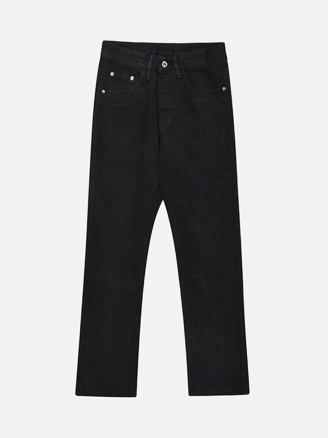 Front view of TALISHKO black slim fit jeans, showcasing minimalist design and sleek silhouette.