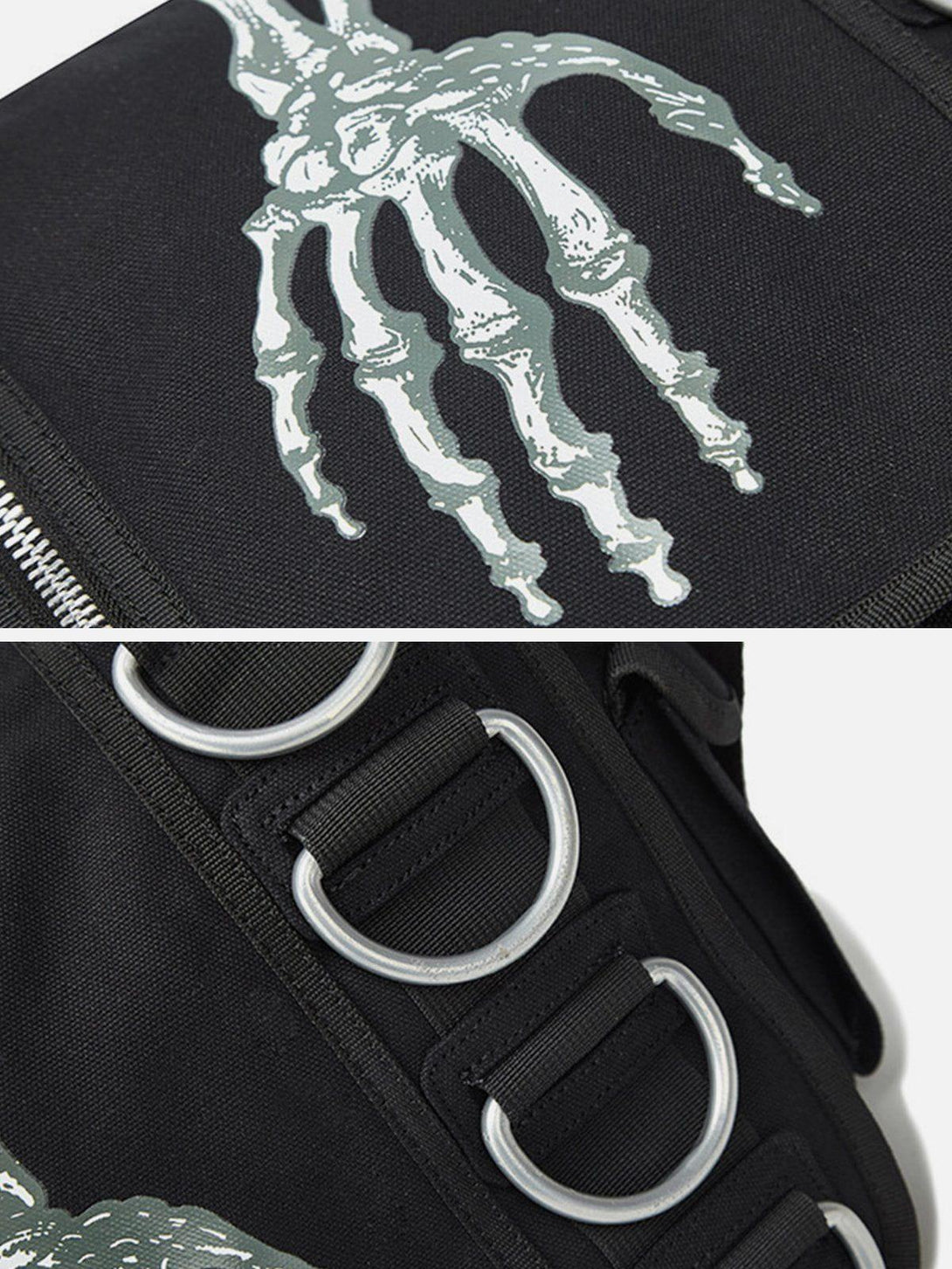 TALISHKO crossbody bag highlighting skeletal print and metal rings for a bold fashion statement.