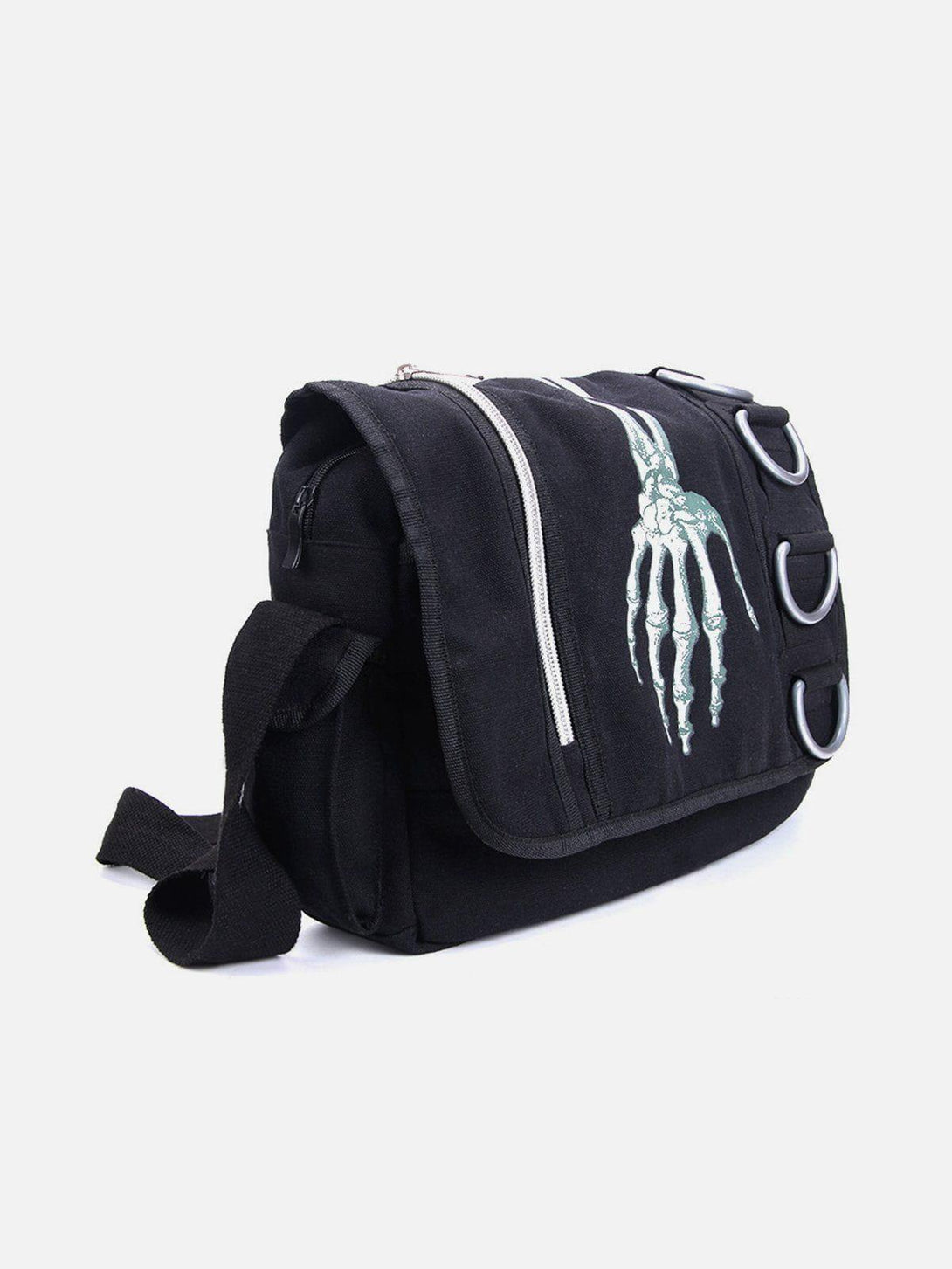 TALISHKO's unique crossbody bag with a skeleton design and metal accents for edgy streetwear.