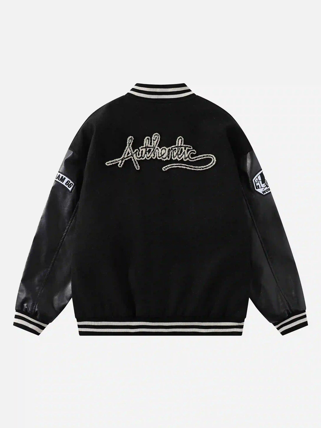 Back view of a TALISHKO jacket with "Authentic" embroidery and PU sleeves for a streetwear vibe.