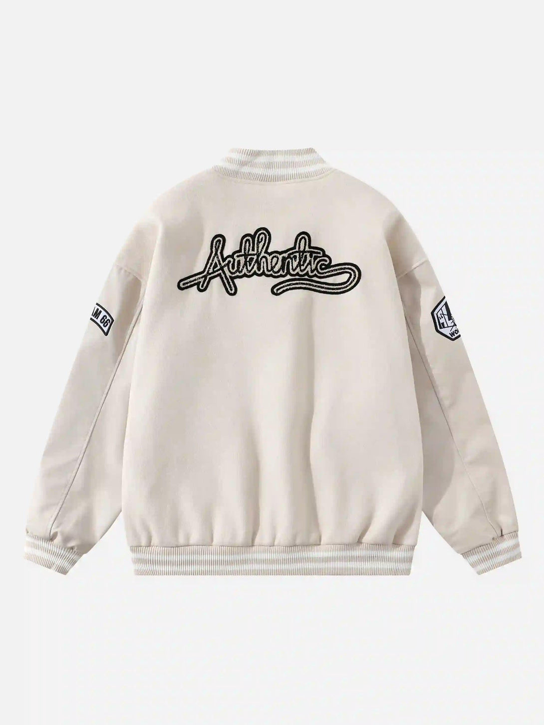 Back view of a TALISHKO jacket featuring "Authentic" embroidery, showcasing casual street style.