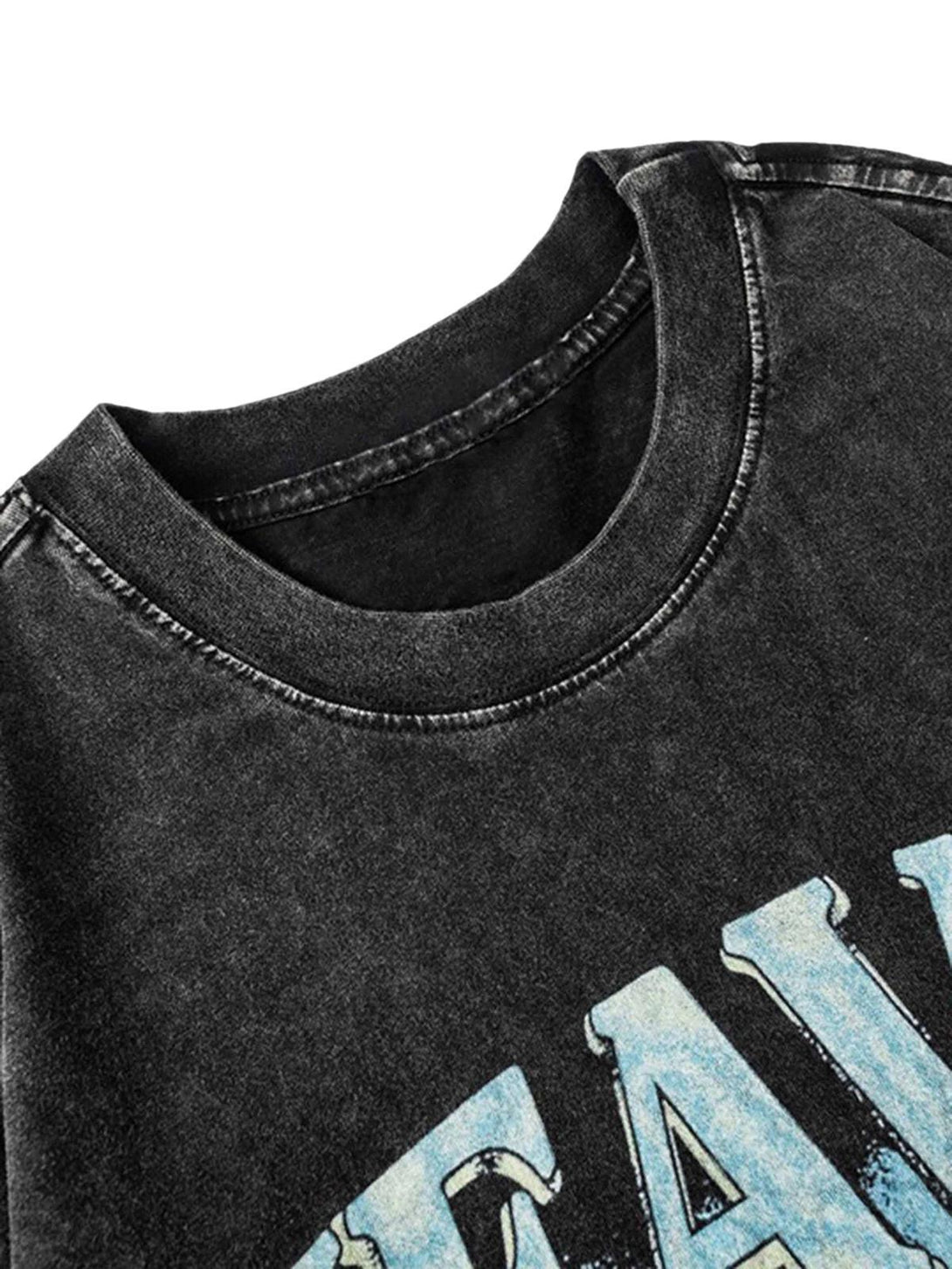 A detailed view of TALISHKO's vintage casual T-shirt, highlighting the washed black fabric.