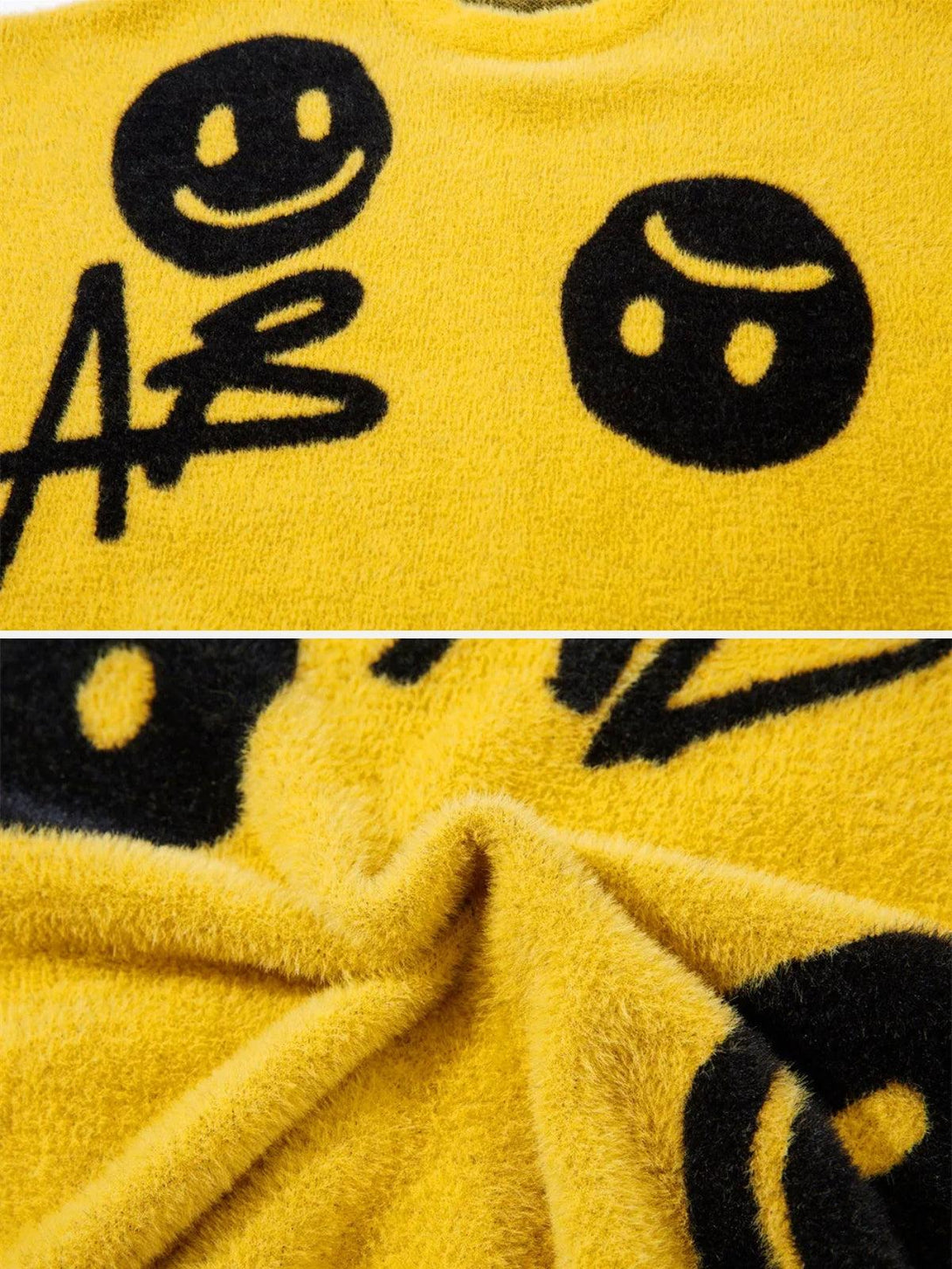 Zoomed-in texture of a yellow sweater with smiley designs by TALISHKO, showcasing playful details.