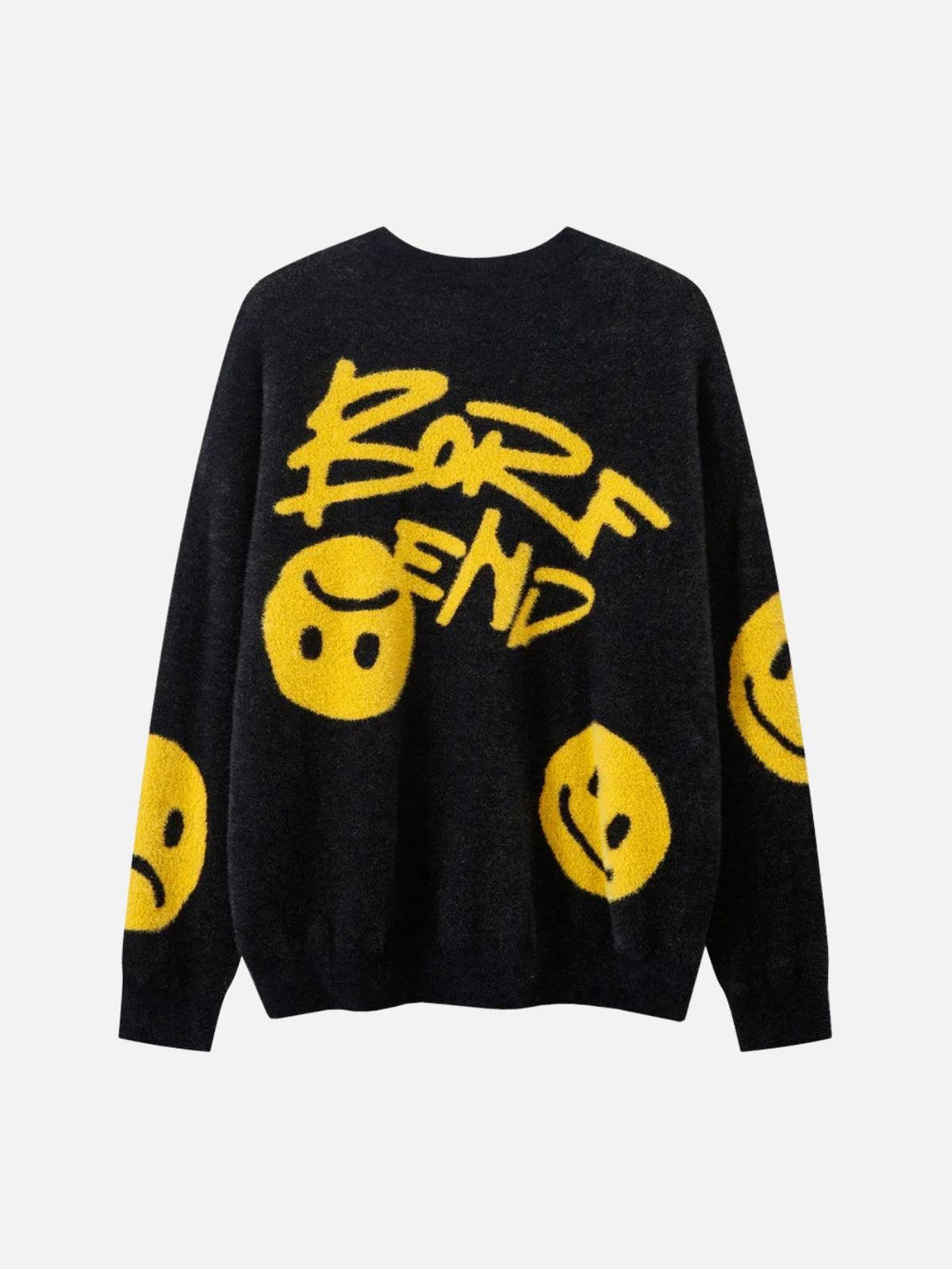 TALISHKO sweater with yellow smiley jacquard design, back view for playful style inspiration.